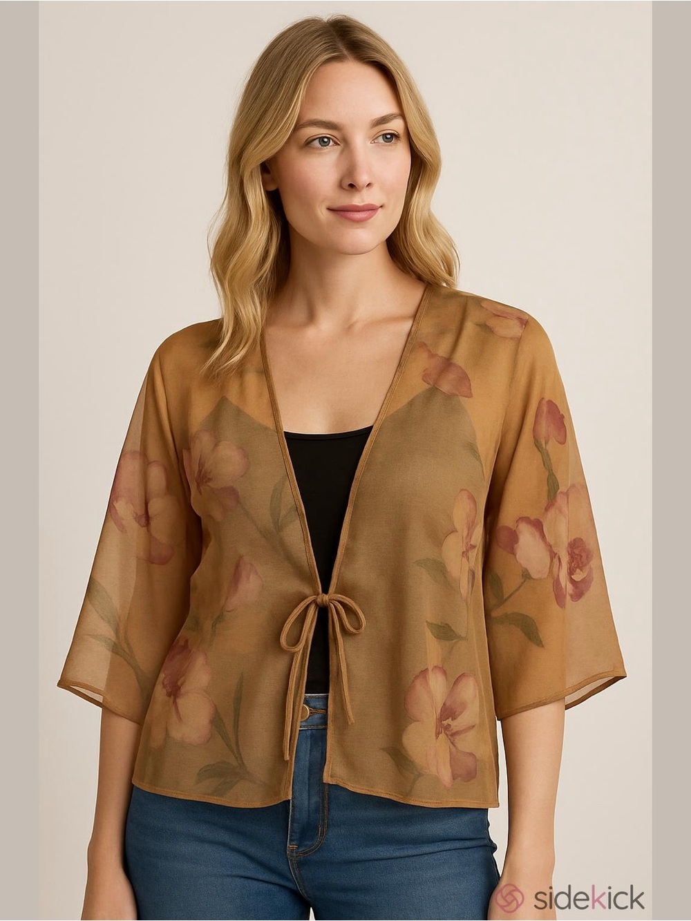 Sheer Floral Tie Front Kimono Cover Up - Picture 2 of 2